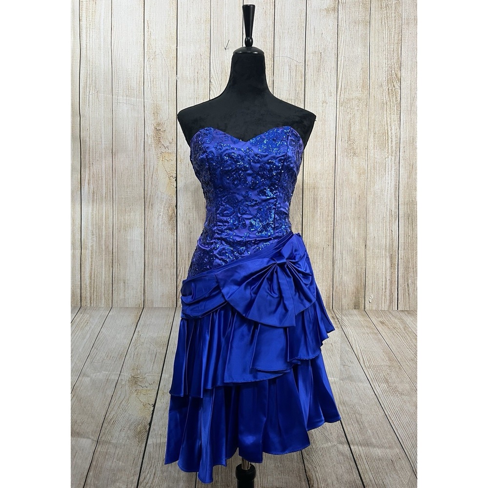 Vintage 80s Zum Zum Prom Dress 7/8 Blue Satin Sequin Bow Strapless Asymmetrical